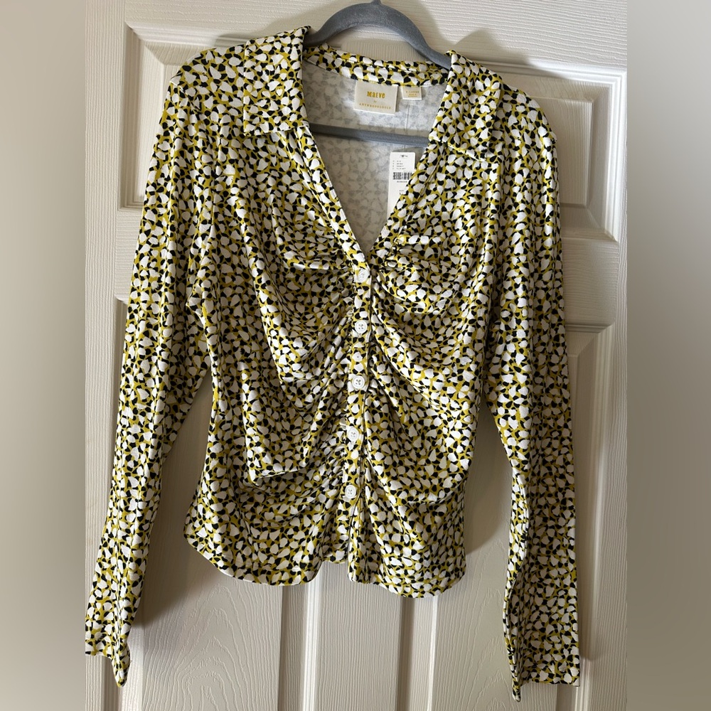 Maeve by Anthropologie Yellow & White Printed Ruched Button-Down Top